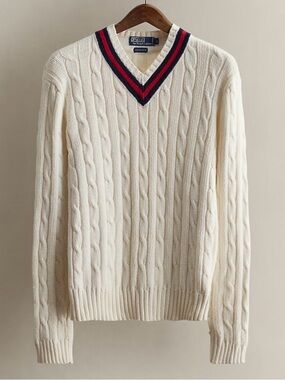 Ralph Lauren Cream Cable-Knit V-Neck Sweater with Navy & Red Trim